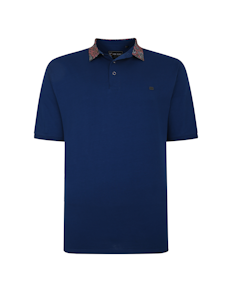 KAM Jersey Polo With Floral Collar Blue